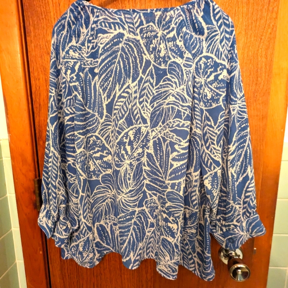Palm Leaf Blue Print Fashion Blouse